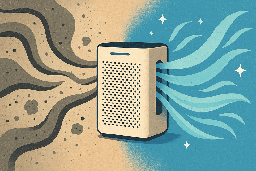 Illustration showing clean blue air waves flowing from an air purifier