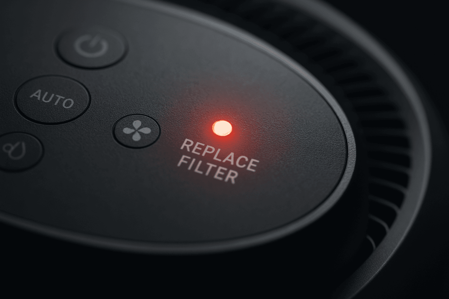 Close-up of an air purifier control panel with the 'Replace Filter' indicator light illuminated