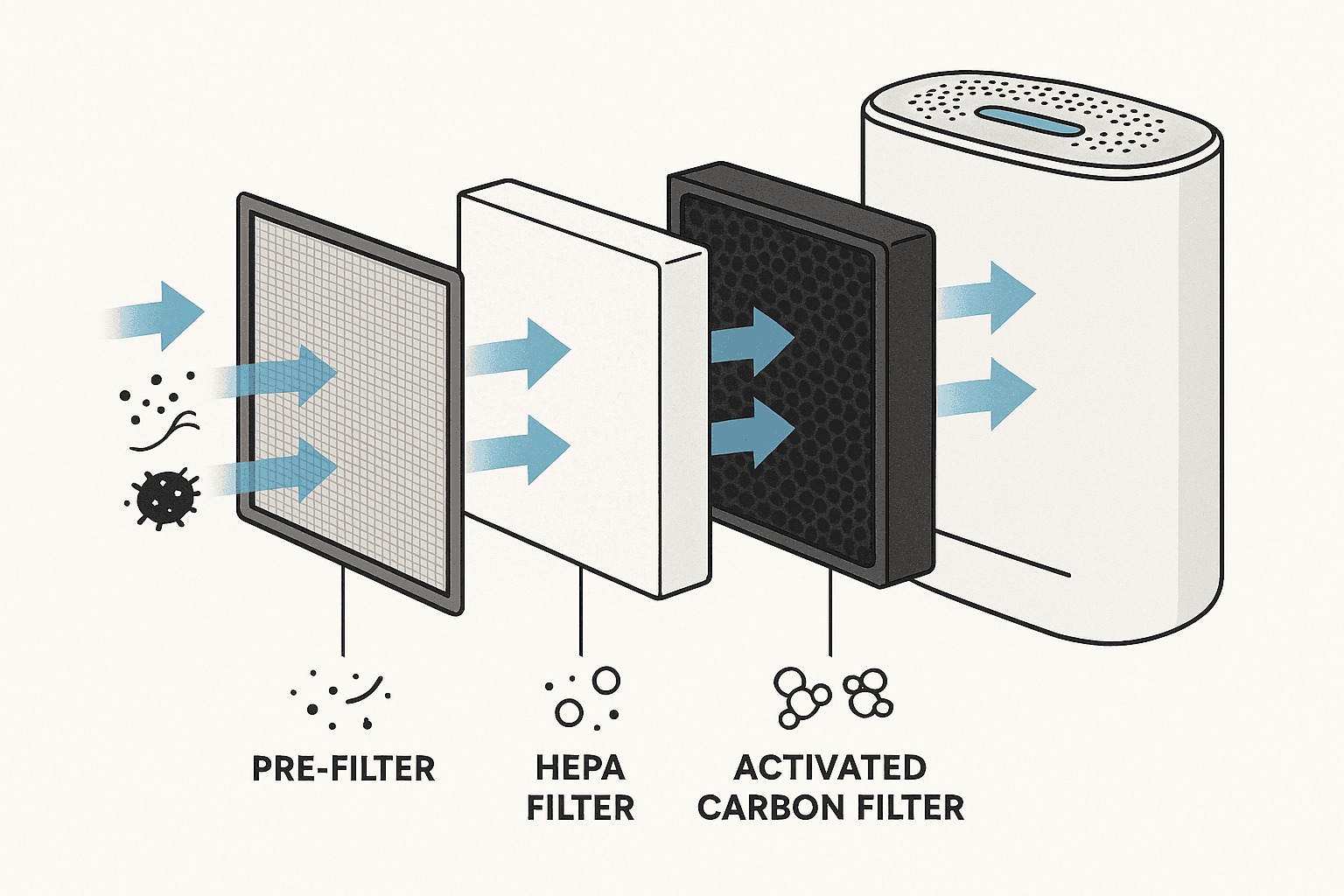 Diagram illustrating air purifier filter layers: Pre-filter, HEPA filter, and Activated Carbon filter