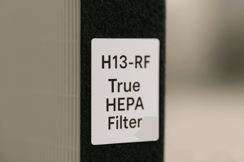 Close-up of an air purifier filter label showing model number 'H13-RF'