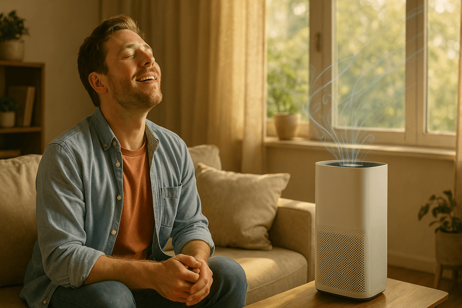 Person relaxing and breathing easily, finding allergy relief with clean air