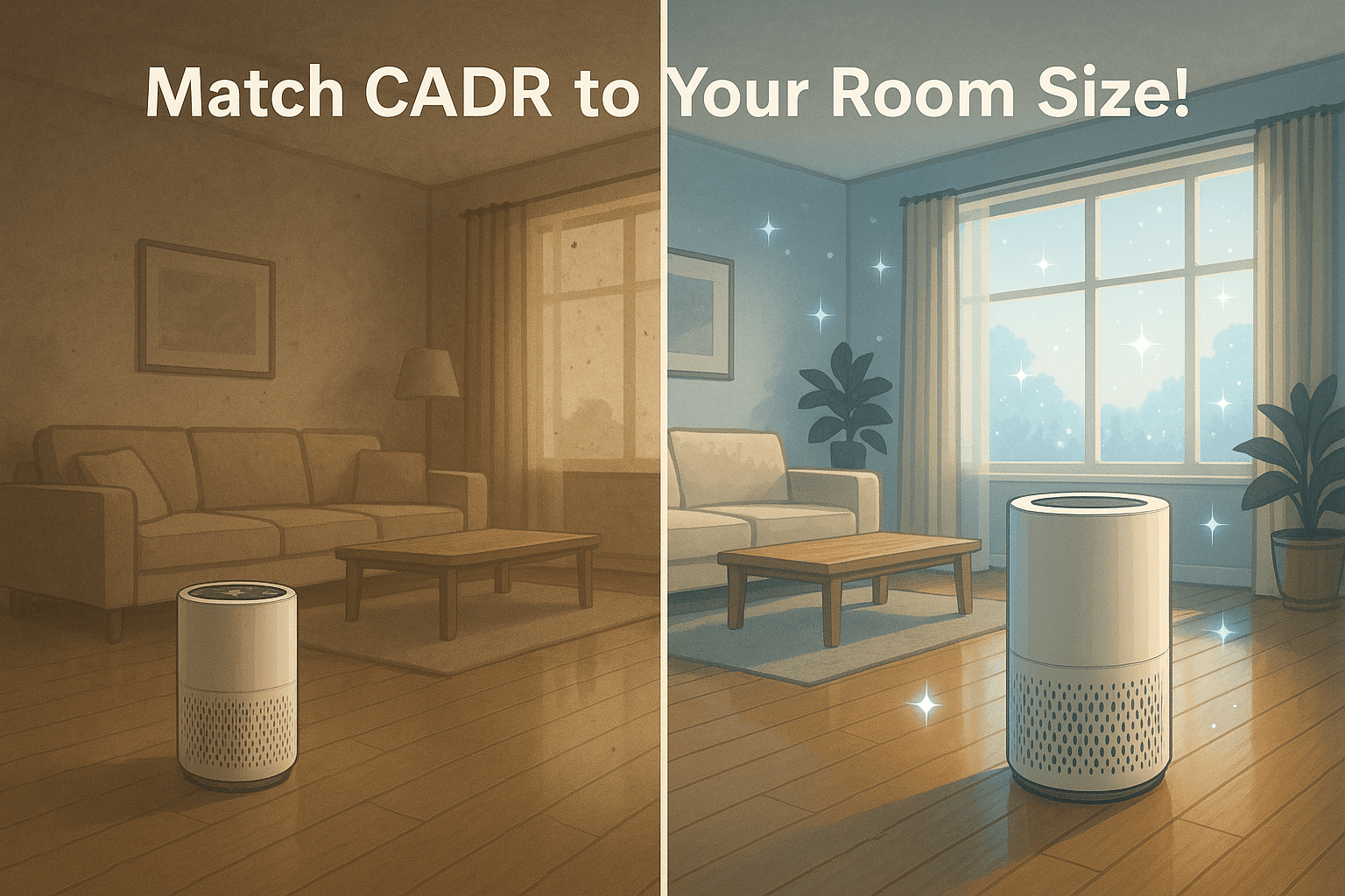 Comparison showing small air purifier struggling vs correct size purifier with good CADR working well in a large room