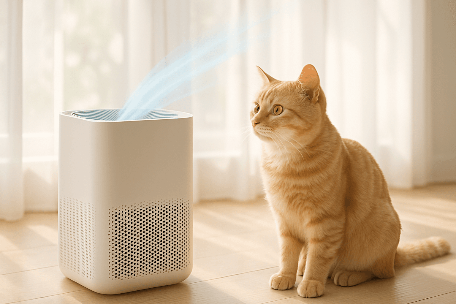 Cat curiously observing an air purifier