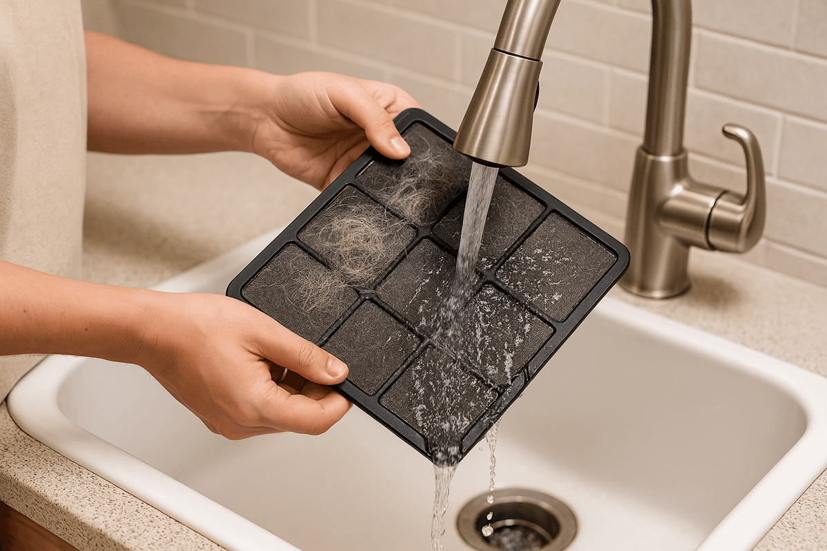 Cleaning pet hair off a washable air purifier pre-filter