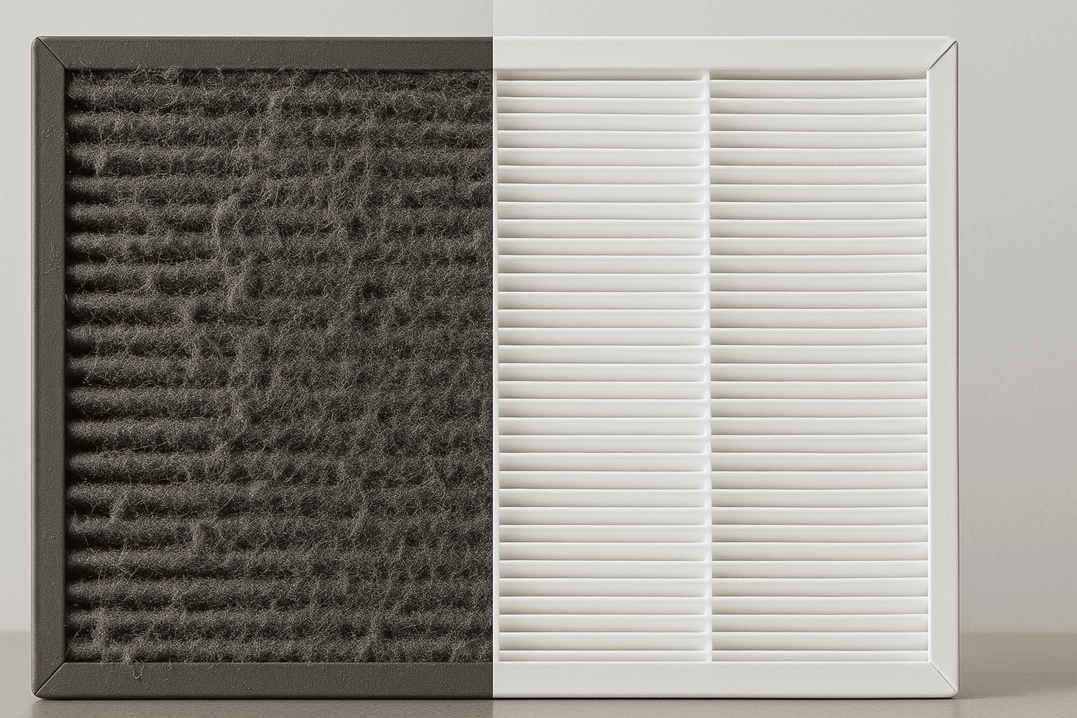 Split screen comparison showing a dirty, clogged air purifier filter versus a new, clean one