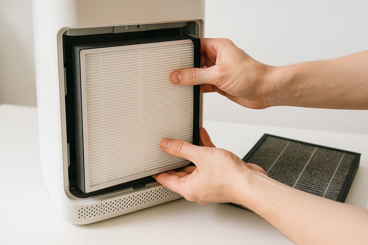 Hands replacing an air purifier filter