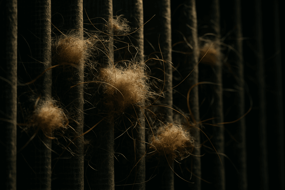 Microscopic view of HEPA filter trapping pet dander and hair