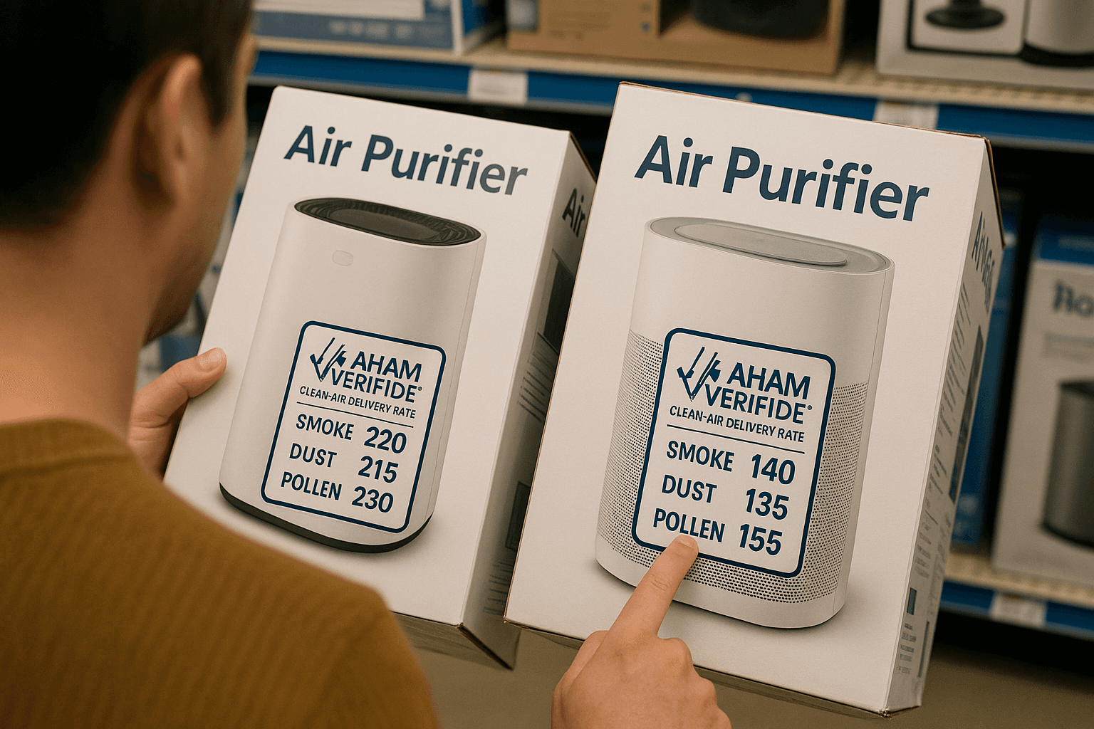 Person in store aisle comparing CADR ratings shown on AHAM Verifide seals on two different air purifier boxes