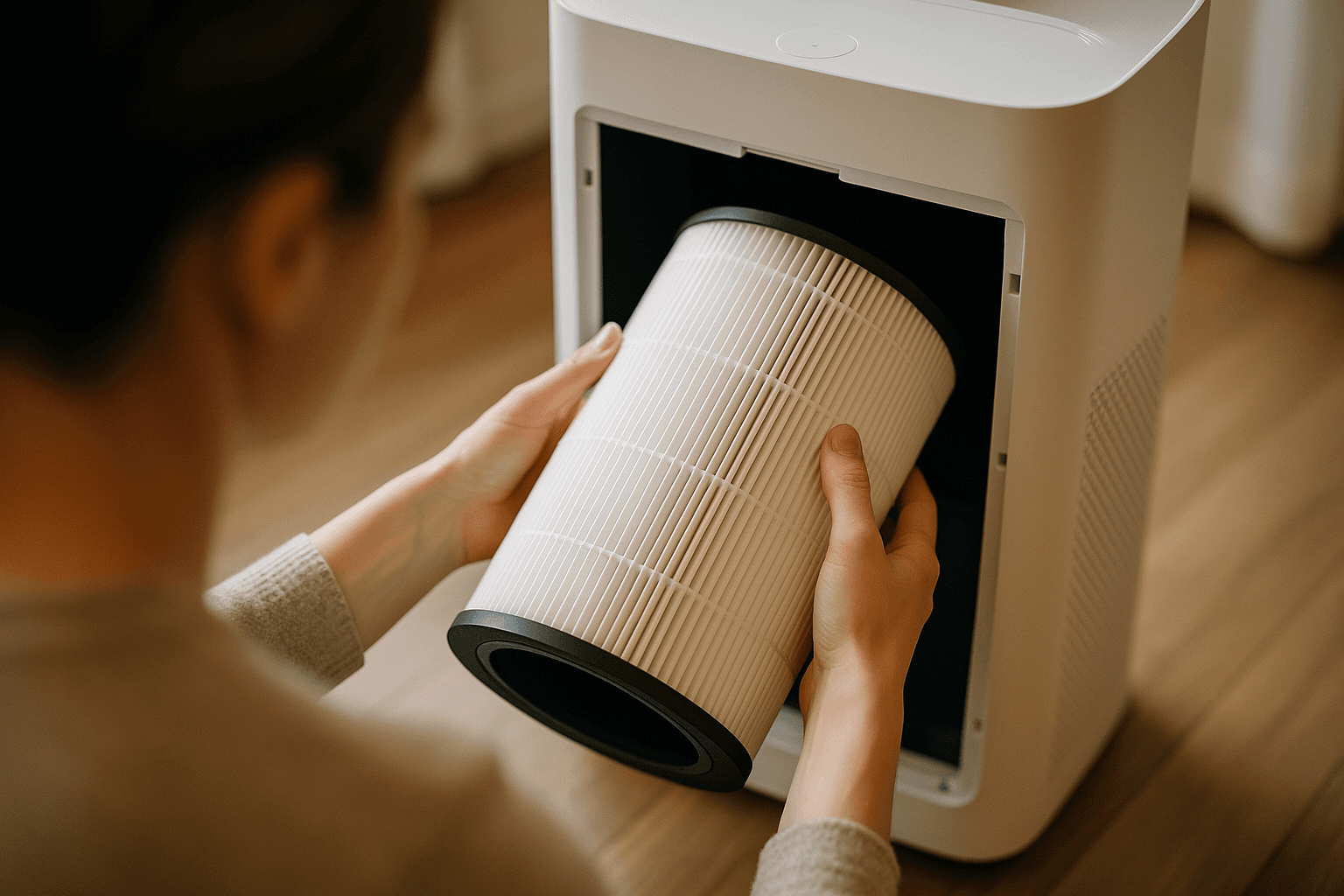 Hands carefully sliding a new, clean air purifier filter into the device compartment