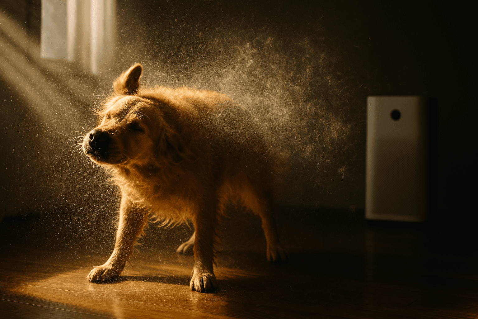Golden retriever shaking indoors, highlighting pet dander in the air