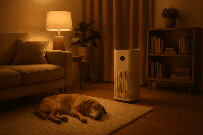 Dog sleeping near an air purifier in a living room
