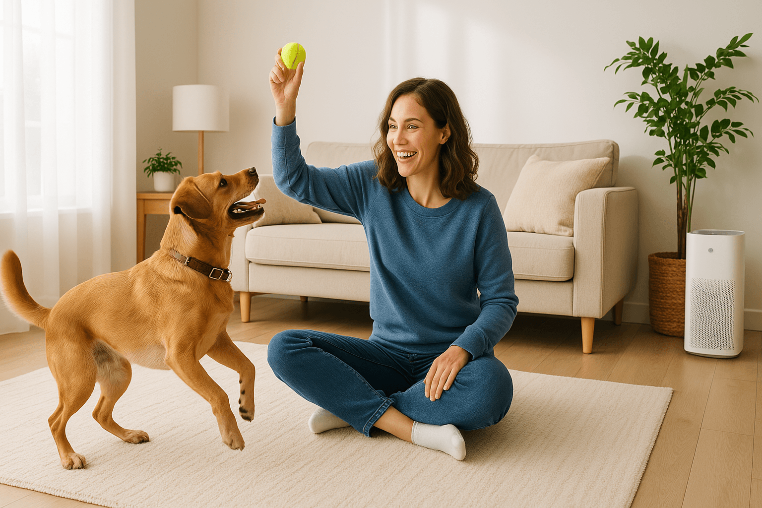 Person playing with dog in a room with an air purifier