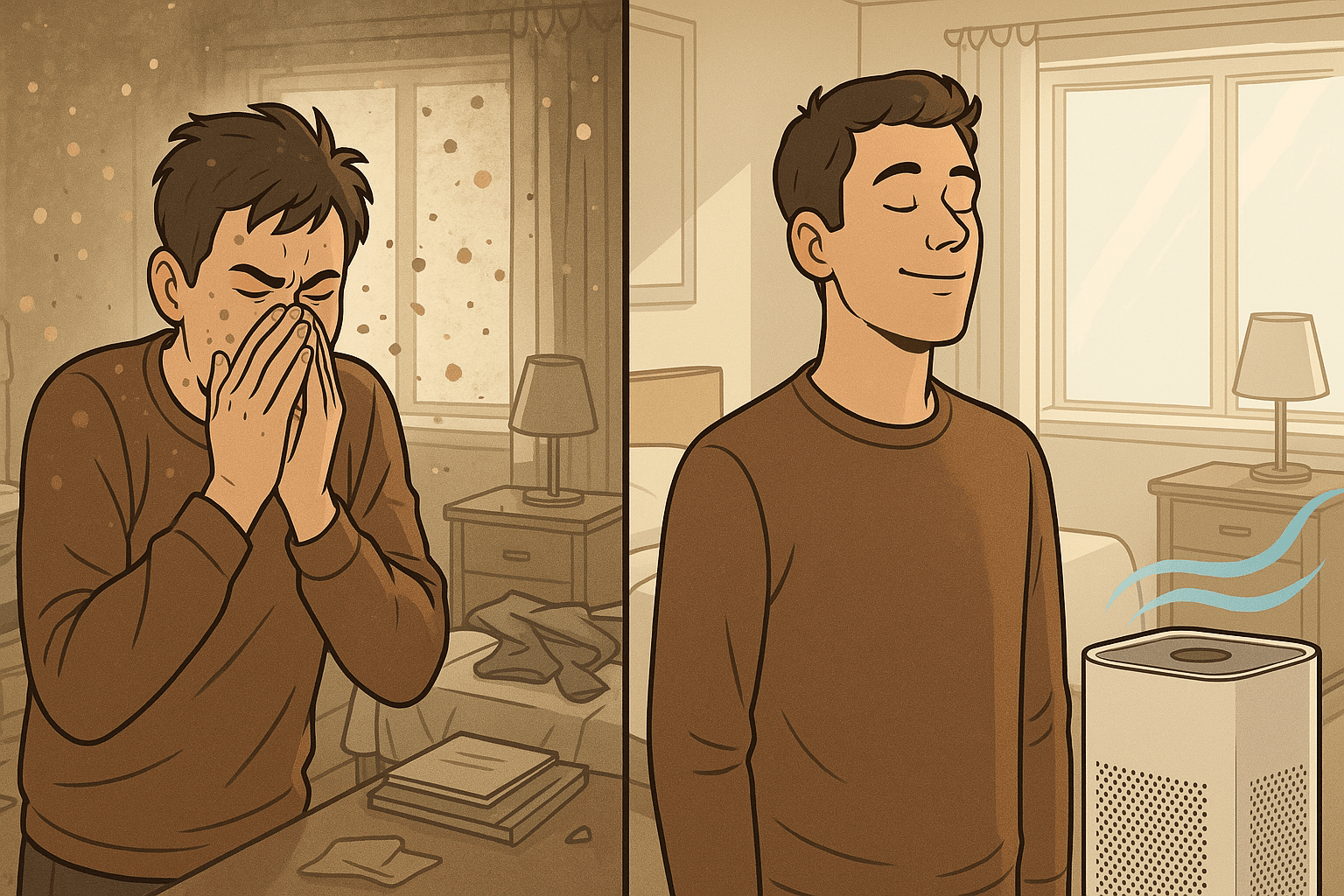 Split screen showing allergy suffering vs relief with air purifier