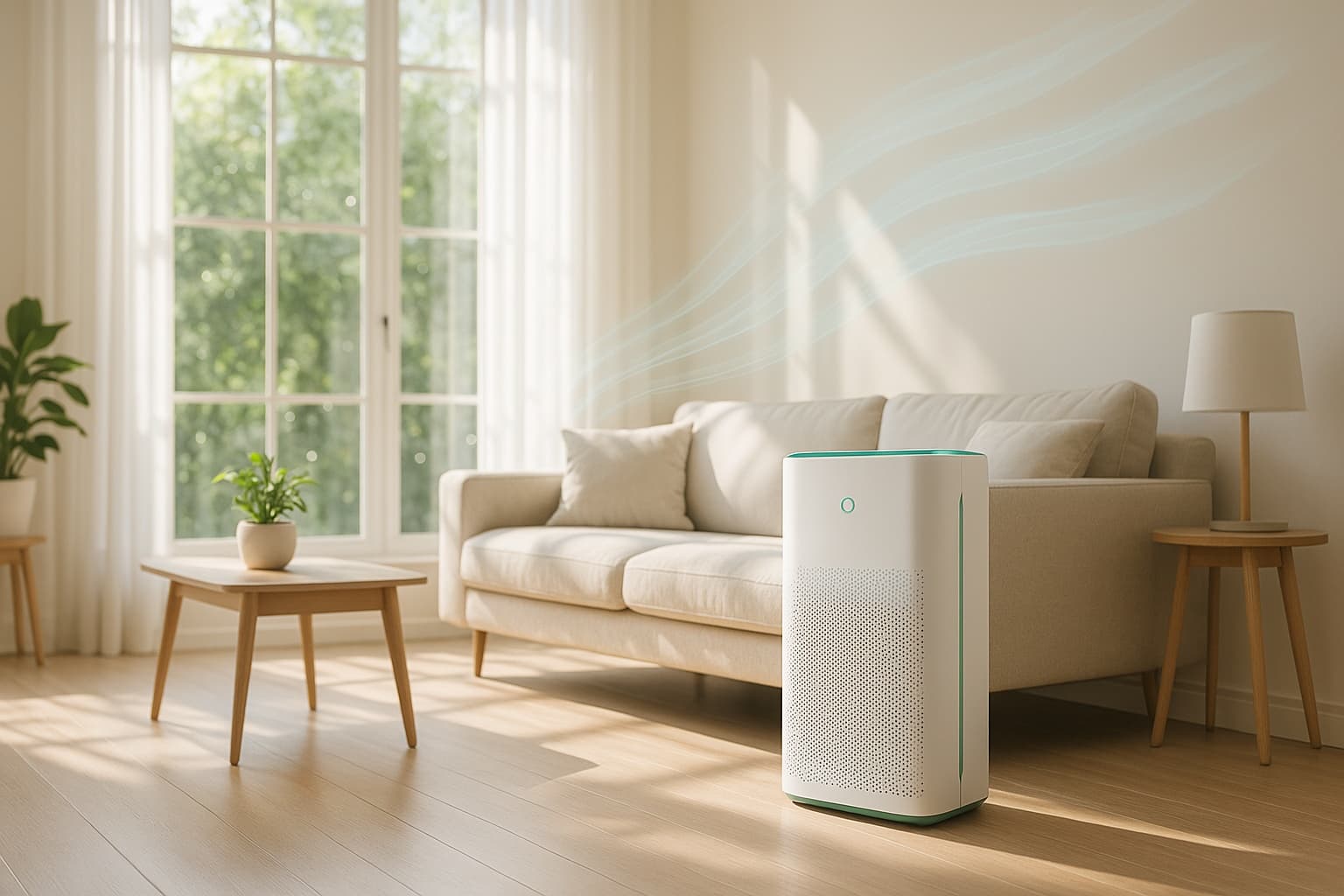 Modern air purifier in a clean living room
